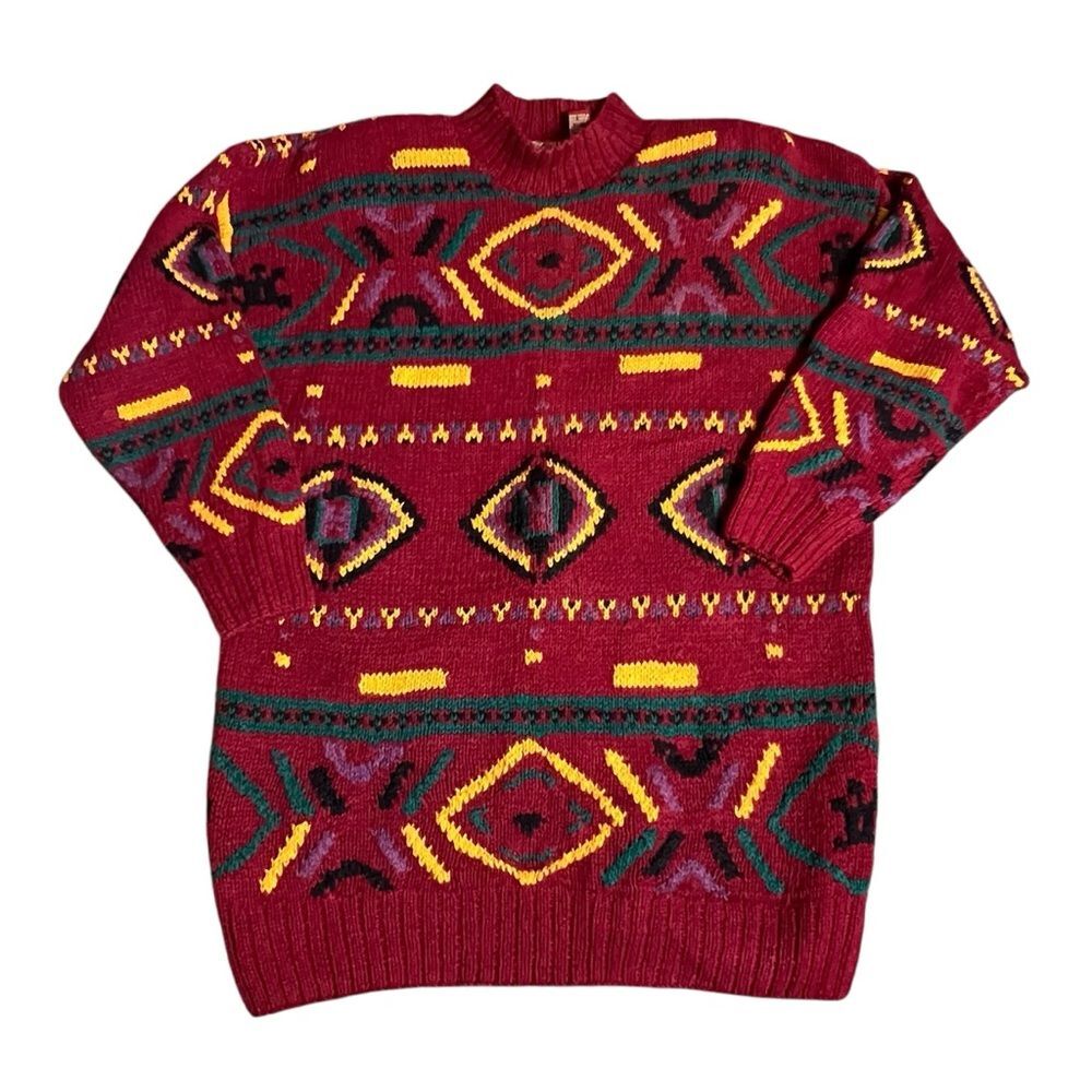 Vintage 90s American Eagle Aztec Tunic Sweater Large Linen Cotton Wine Red
